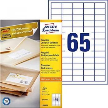 Etiquetas Universales Avery Zweckform LR3666, 38x21.2mm, Papel Reciclado, 6500 Piezas en 100 Hojas