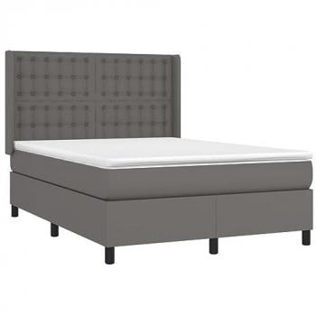Cama box spring colchón y LED cuero sintético gris 140x190 cm