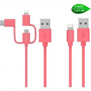 [2 unidades 1m] FOXSUN 3 en 1 Cable Usb y solo Cable Lightning [Apple MFi Certificado], 3 en 1 Multi-Cable iPhone & Micro USb & Tipo C Cable Carga y Sincronización para iPhone 7 / 7s / 6s / 5s / 5c / 5 más, iPad / iPod, Samsung Galaxy, Huawei, HTC, Sony