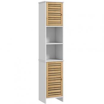 Homcom Columna de Baño Moderna Mueble Auxiliar con Estantes Ajustables y Puertas de Bambú Anti-vuelco 35 x 30 x 170 cm Blanco y Natural