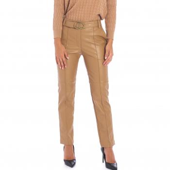 Camel Eco-Leather Slim-Fit Trousers with Logo and Belt for Women