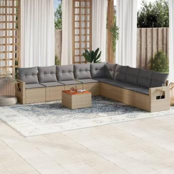 Juego de sofá de jardín 10 piezas con almohadas de polyrattan beige, ratán sintético, color beige