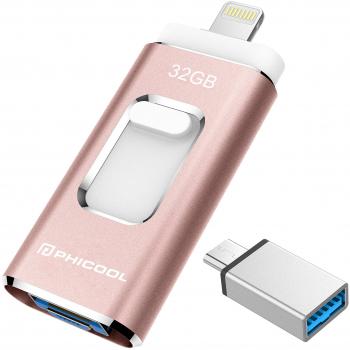 Unidad Memoria Flash USB 3.0 32 GB Memoria Lápiz Drive OTG PHICOOL [4 en 1] con Type C Conector USB Mirco Expansión de Memoria para iPhone, iPad, Android, PC - Rosa
