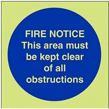 vsafety 18020 AF-G Fire aviso/Esta zona debe estar clara de todos los obstáculos señal obligatoria, brilla en oscuro, 1 mm, plástico, cuadrada, 100 mm x 100 mm, color azul