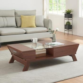 Mesa de Centro Ljusdal con Compartimentos y Tablero de Cristal 120x55x33cm - Efecto Nogal