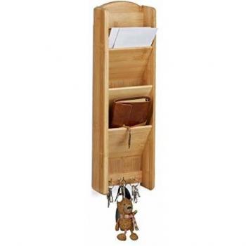 Organizador de Pared de Bambú con Estante, 3 Compartimentos y 3 Ganchos para Llaves, Tamaño: 7.5 x 15 x 49.5 cm, Color Natural