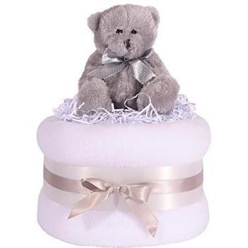 Tarta de pañales, diseño de oso, color plateado, gris y blanco cesta de regalo de unisex Baby