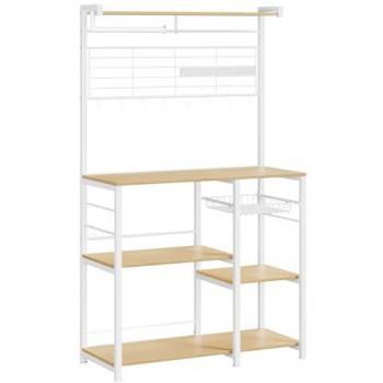Estantería de Cocina con Soporte para Rollos de Papel, 12 Ganchos y Cesta de Alambre, disponible en Greige, Marrón Rústico y Roble Dorado