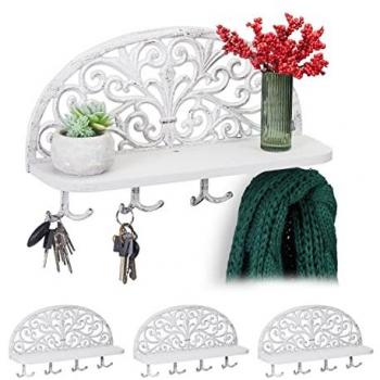 Perchero de Pared Antiguo con Estante y 4 Colgadores para Llaves, Hierro Fundido, Blanco, 23 x 39 x 11,5 cm