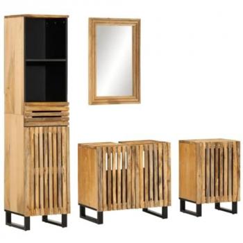 Juego de muebles de baño 4 piezas madera maciza de mango rugosa marrón