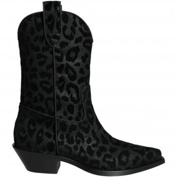 Leopard Print Black Gray Cowboy Boots for Women - Size 7 US / 38 EU with Leather Sole