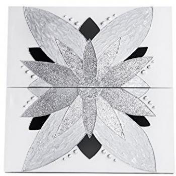 Cuadro artesanal Shine Plata Negro, 70cm (ancho) x 70cm (alto), lienzo pintado a mano, decoración hogar, color blanco y plata