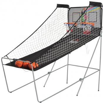 HOMCOM Juego de Canastas de Baloncesto Plegables y Portátiles con Contador Electrónico Doble y 4 Pelotas de Baloncesto con Soporte de Acero y Color Negro y Blanco 205x110x205cm