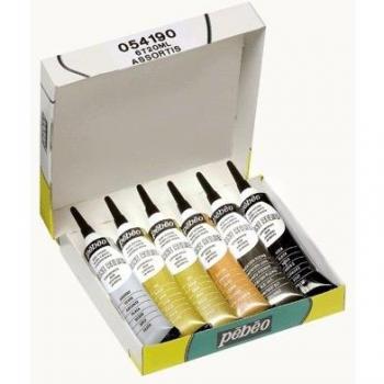 Pintura para vidrio Pébéo Vitrail Cerne Relief - 6 tubos de 20 ml - Colores metálicos
