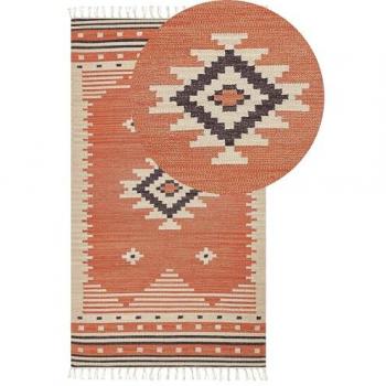 Alfombra Kilim de Algodón Multicolor 80 x 150 cm Reversible con Motivo Geométrico y Borlas