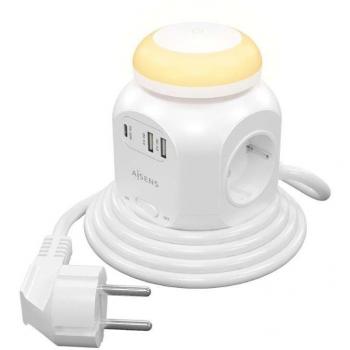 Aisens ASPS-2A1CLPQ02-W - Regleta Sobremesa Multifunción con Interruptor y Luz Nocturna, 4 Tomas de Corriente, 1 USB Tipo-C, 2