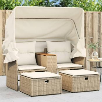 Beige Poly Rattan 2-Seater Garden Sofa with Canopy and Stools