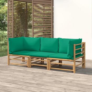 3-Piece Garden Lounge Set with Green Cushions and Bamboo