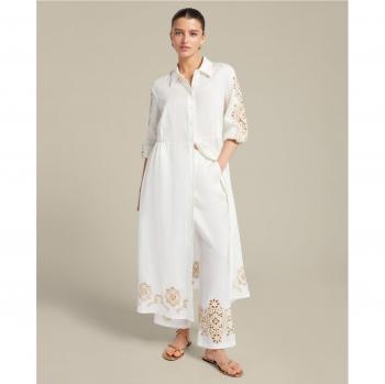 Pantalones de lino con delicado bordado artesanal para mujer