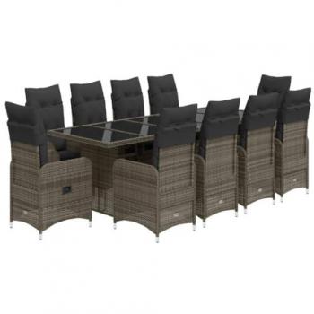 Set de mesa y sillas de jardín 11 piezas con cojines de ratán PE gris