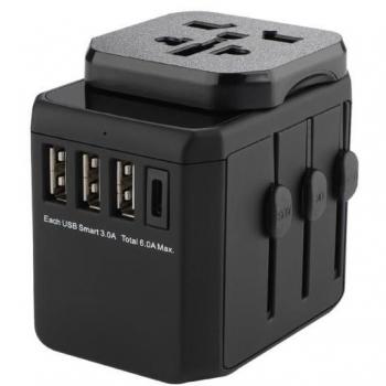Adaptador de Viaje Mundial Microconnect - 3 Puertos USB A y 1 Puerto USB-C, Conector Eléctrico Negro
