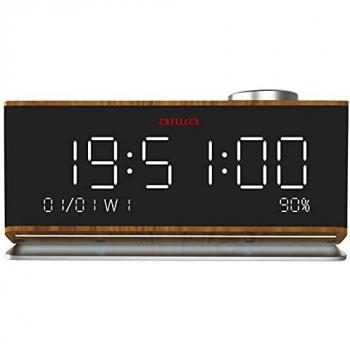 Aiwa CR-90BT: Radio Despertador Bluetooth con Pantalla LED, FM Radio, MicroSD, Alarma Dual, Repetición de Alarma, Alarma Suave, Entrada Auxiliar, Color Madera