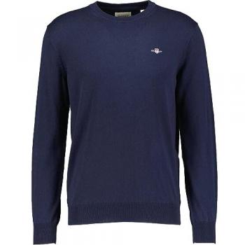 Gant Men's Long Sleeve Round Neck Knit Sweater with Embroidered Logo - Evening Blue, Size 2XL