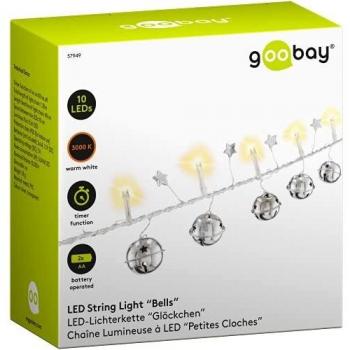 Cadena de luces LED Campanitas 10 luces, función timer, cálido (3000 K), a pilas, interior, 1.3 m