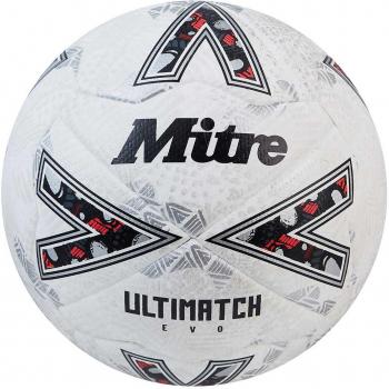 Mitre Balón de Fútbol Ultimach Evo, Control Mejorado, Durabilidad, Buena precisión, Talla 4, Blanco/Blanco Roto/Plateado