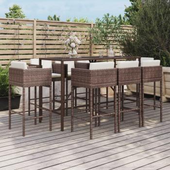 9-Piece Brown Poly Rattan Garden Bar Set with Cushions