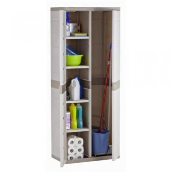 Armario Escobero de Resina con 4 estantes en color Titanium Beige, dimensiones 70x44x176 cm