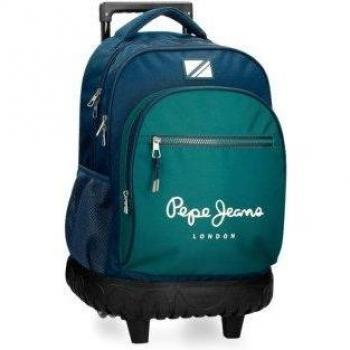 Mochila con ruedas Pepe Jeans Ben 2 Compartimentos, Bolsillos Laterales y Diseño en Color Verde