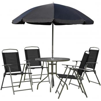 Conjunto de Muebles para Jardín con 4 Sillas, Mesa y Sombrilla - Negro