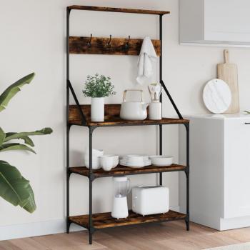 Estantería de cocina con ganchos de madera ingeniería color roble ahumado, 4 niveles, diseño moderno y funcional