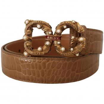 Dolce & Gabbana Brown Crocodile Pattern Leather Logo Amore Belt - 75 cm / 30 Inches