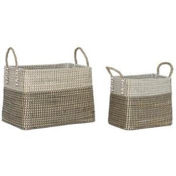 Juego de Cestas Home ESPRIT Blanco Negro Natural Hierba Marina Boho 44 x 25 x 38 cm (2 Piezas)