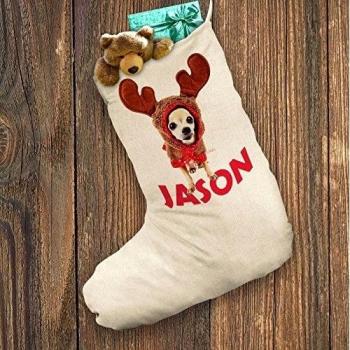 Reno de Navidad personalizada calcetín de Navidad blanco Chihuahua XL - tamaño: 28 cm x 57 cm