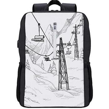 Alvaradod Mochila de viaje,telesilla con abetos,monocromo,temática de destino vacacional de temporada,bolsa de computadora antirrobo para negocios,delgada y duradera con puerto de carga USB