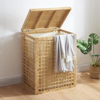 Cesto de Ropa Sucia Vimmerby con Bolsa de Tela Extraíble 48L y Compartimento de Bambú - Natural y Beige