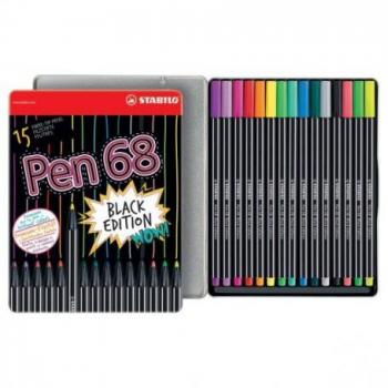 STABILO Pen 68 Black Edition Rotuladores de Fibra en Caja Metálica, Set de 15 Colores