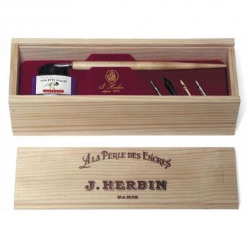 Herbin 27077T - Un coffret bois ''Violette pensée'' comprenant un porte-plume en bois, 5 plumes métal, un flacons d'encre 30 ml et une notice