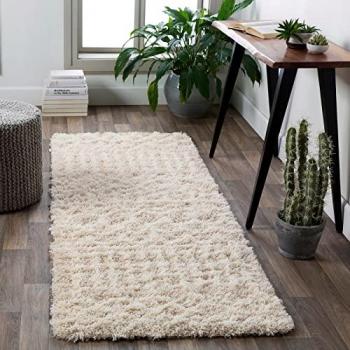 Alfombra de Pasillo Shaggy Bohemia Dubai, Rectangular 80x220 cm, Pelo Largo 52 mm, Suave y Esponjosa en Marfil/Beige