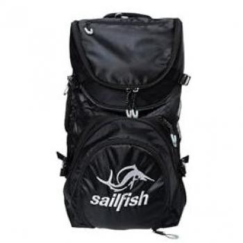 Mochila Sailfish Kona Transition 46L negra y blanca, capacidad de 46 litros, diseño ergonómico, compartimentos organizadores para transiciones, material resistente al agua, correas ajustables y acolchadas