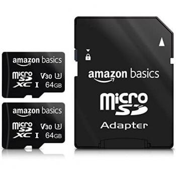 Amazon Basics - Tarjeta de memoria microSDXC 64 GB con adaptador de tamaño completo, A2, U3, velocidad de lectura hasta 100 MB/s, 2 unidades