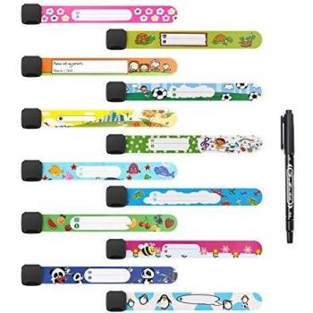 Vicloon Pulsera Identificativa Niños +Marcador, 12 Piezas Pulsera Seguridad Anti perdida Pulsera de Emergencia Impermeable Reutilizable para Niños Niñas Bebé
