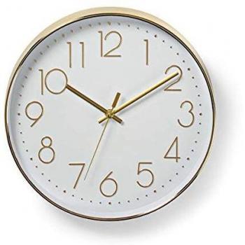 NEDIS - Reloj de Pared Circular - 30 cm de diámetro - Números fáciles de Leer - Dorado