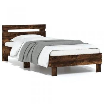 Estructura de cama con cabecero y luces LED, color roble ahumado, dimensiones 75x190 cm