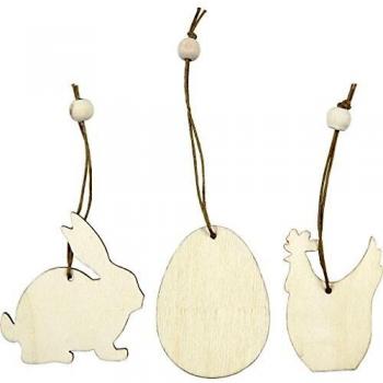 Adorno de madera, 9 piezas, conejo, huevo y gallina, tamaño 6 cm, grosor 3 mm