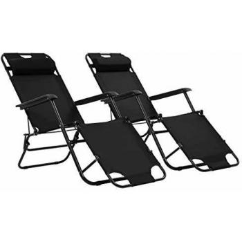 vidaXL 2X Tumbonas Plegables con Reposapiés Negro Mobiliario de Terraza Jardín
