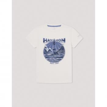 Camiseta de niño Hackett blanca de manga corta con estampado de faro, casual y de algodón